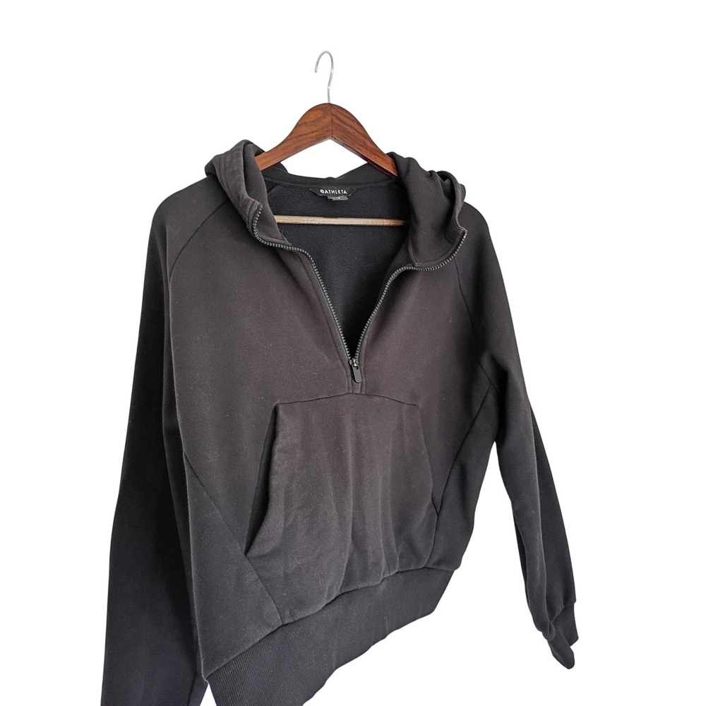 Athleta Coaster Luxe Half Zip Hoodie Black Sweatshirt Pocket Cotton Blend M $98